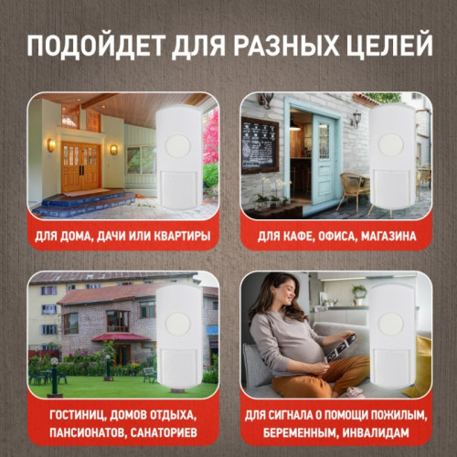 Звонок дверной беспроводной сети/ Звонок дверной беспроводной от сети 6 мелодий 100м IP44 бело-серый C96