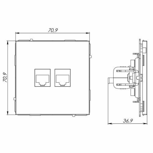 Компьютерная розетка/ Компьютерная розетка RJ-45 без шторки, кат.6А двойная, KANT, черный уголь Компьютерная розетка/ Компьютерная розетка RJ-45 без шторки, кат.6А двойная, KANT, черный уголь