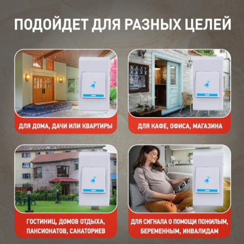 Звонок дверной беспроводной батарейках/ Звонок дверной беспроводной на батарейках 32 мелодии 100м IP20 со световой индикацией белый ААА A05
