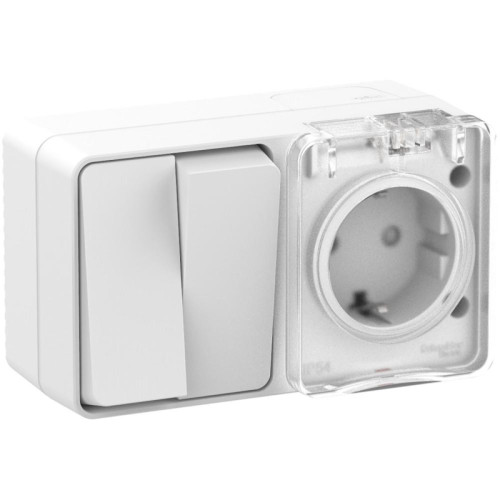 Выключатель/ AtlasDesign Profi54 О/У БЛОК: розетка с заземлением со шторками 16А 250B, выключатель двухклавишный IP54 10А, белый, Россия Выключатель/ AtlasDesign Profi54 О/У БЛОК: розетка с заземлением со шторками 16А 250B, выключатель двухклавишный IP54 10А, белый, Россия