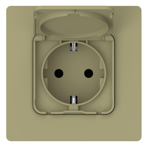Розетка заземлением защитными шторками крышкой безвинтовое крепление/ FLITE Розетка с заземлением с защитными шторками и крышкой безвинтовое крепление 16А IP44 РСшкр11-1-44-ФлО оливковый IEK