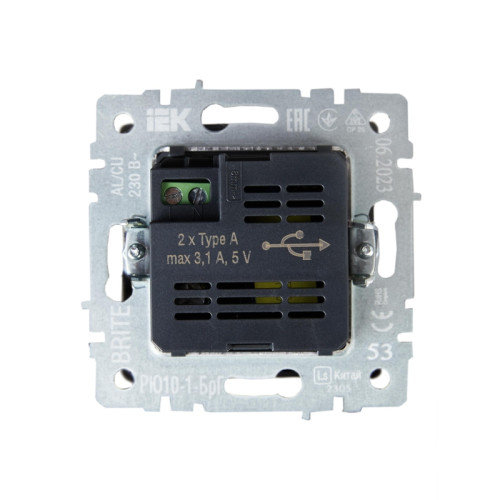 Розетка/ BRITE Розетка USB A+A 3.1А РЮ10-1-БрГ графит