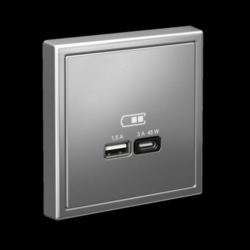 Розетка/ ARTGALLERY USB розетка A + тип-C 45Вт высокоскор.заряд. QC, PD, механизм, сталь Розетка/ ARTGALLERY USB розетка A + тип-C 45Вт высокоскор.заряд. QC, PD, механизм, сталь