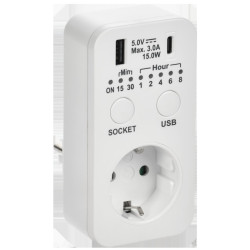 РТЭ/ РТЭ-4 Розетка-таймер электронный с USB A+C 15мин-8ч 16А IP20 белый IEK