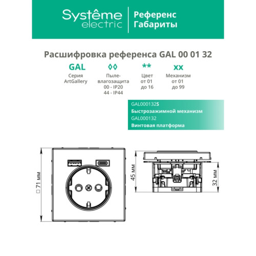 розетка/ ARTGALLERY розетка 16А с 2 USB A+C, 5В/2,4А/3,0А, 2х5В/1,5А, механизм, белый