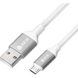 GCR QC Кабель 0.5m MicroUSB, быстрая зарядка, белый нейлон, AL корпус серебро, белый ПВХ, 28/24 AWG, GCR-52462