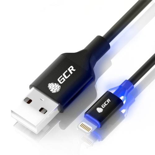 Greenconnect Кабель 3A 1.5m Apple USB 2.0, AM/Lightning 8pin MFI для Iphone 5/6/7/8/X - светодиодный, поддержка всех IOS, черный, AL корпус черный