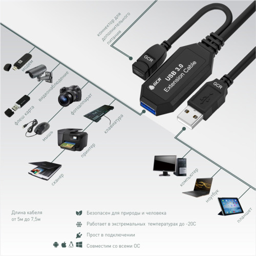 GCR Удлинитель активный 5.0m USB 3.0, AM/AF, черный, с усилителем сигнала, доп.питание micro, GCR-51927 GCR Удлинитель активный 5.0m USB 3.0, AM/AF, черный, с усилителем сигнала, доп.питание micro, GCR-51927