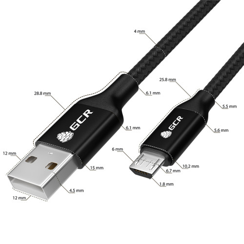 GCR QC Кабель 1.5m MicroUSB, быстрая зарядка, черный нейлон, AL корпус черный, черный ПВХ, 28/24 AWG, GCR-52476