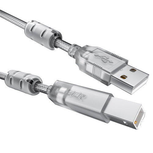 GCR Кабель PROF 2.0m USB 2.0, AM/BM, прозрачный, ферритовые кольца, 28/24 AWG, экран, армированный, морозостойкий, GCR-52425