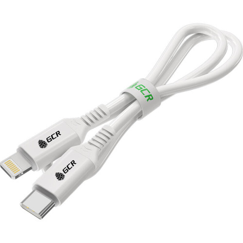 GCR Кабель PREMIUM 0.5m TypeC/Lightning MFI POWER DELIVERY 18 W, быстрая зарядка, белый силикон, AL case белый, белый ПВХ, GCR-53534