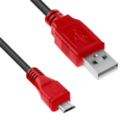 Кабель1.0m USB 2.0, AM/microB 5pin, черный, красные коннекторы