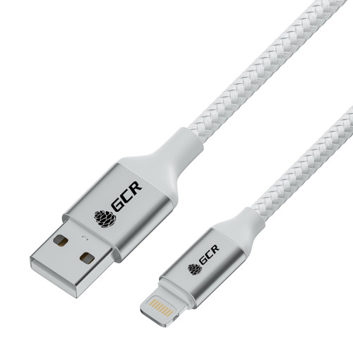 GCR Кабель 1.0m USB AM/Lightning - поддержка всех IOS, MFI, белый нейлон, AL корпус серебро, белый ПВХ, GCR-53077