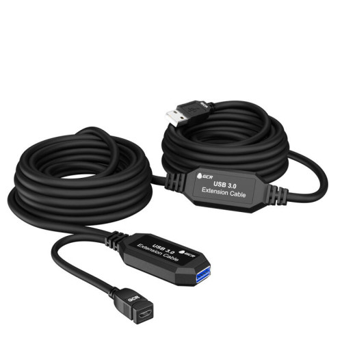 GCR Удлинитель активный 10.0m(5.0m + 5.0m) USB 3.0 AM/AF, черный, с 2-мя усилителями сигнала, доп.питание micro, GCR-51926