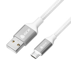 GCR QC Кабель 1.0m MicroUSB, быстрая зарядка, белый нейлон, AL корпус серебро, белый ПВХ, 28/24 AWG, GCR-52468