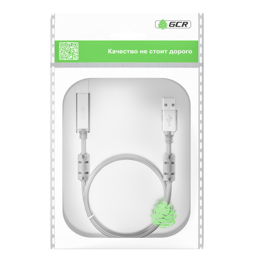 GCR Кабель PROF 0.75m USB 2.0, AM/BM, прозрачный, ферритовые кольца, 28/24 AWG, экран, армированный, морозостойкий, GCR-52421