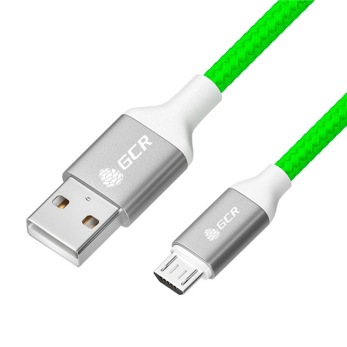 GCR QC Кабель 1.0m MicroUSB, быстрая зарядка, зеленый нейлон, AL корпус серебро, белый ПВХ, 28/24 AWG, GCR-52470