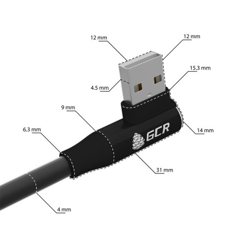 GCR Кабель PREMIUM 0.15m Lightning угловой для PowerBank, MFI, силикон черный, AL case черный, GCR-53914