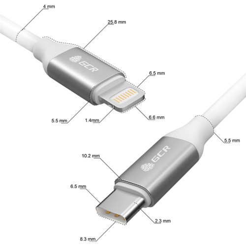 GCR Кабель 1.0m TypeC/Lightning MFI POWER DELIVERY 18 W, быстрая зарядка, белый силикон, AL корпус серебро, белый ПВХ, GCR-52360