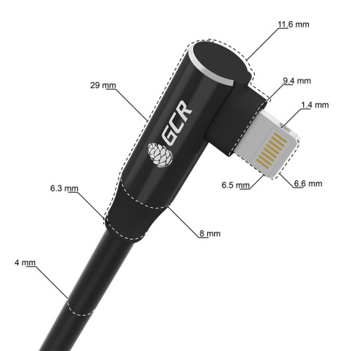 GCR Кабель PREMIUM 0.3m Lightning угловой для PowerBank, MFI, силикон черный, AL case черный, GCR-53916