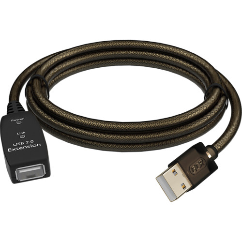 GCR Удлинитель активный 5.0m USB 2.0, AM/AF, GOLD, черно-прозрачный, с усилителем сигнала, разъём для доп.питания, 28/24 AWG