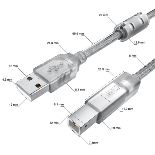 GCR Кабель PROF 1.5m USB 2.0, AM/BM, прозрачный, ферритовые кольца, 28/24 AWG, экран, армированный, морозостойкий, GCR-52422