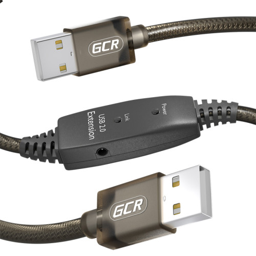 GCR Кабель активный 15.0m USB 2.0, AM/AM, черно-прозрачный, с усилителем сигнала, разъём для доп.питания, 24/22 AWG