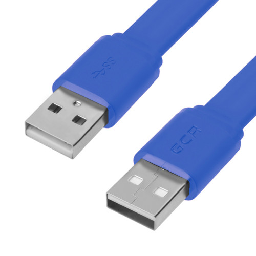 GCR Кабель PROF 5.0m USB 2.0 AM/AM, плоский, синий, 28/24 AWG, экран, заземление, морозостойкий
