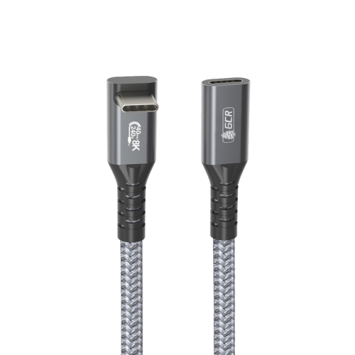 GCR PRO Удлинитель USB4 Type-C, 0.2m, угловой, 40Gbps, 240W, 8K60Hz, M/F, штекер Г-образный верх-низ, текстиль, серый, GCR-57138