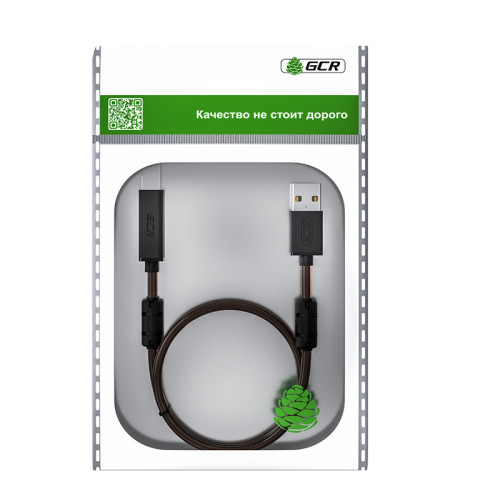 GCR Кабель PROF 5.0m USB 2.0, AM/BM, черно-прозрачный, ферритовые кольца, 28/24 AWG, экран, армированный, морозостойкий, GCR-52419