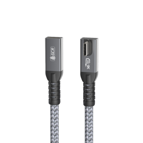 GCR PRO Удлинитель USB4 Type-C, 0.2m, угловой, 40Gbps, 240W, 8K60Hz, M/F, штекер Г-образный боковой (по центру корпуса), текстиль, серый, GCR-57139