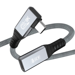 GCR PRO Удлинитель USB4 Type-C, 0.2m, угловой,  40Gbps, 240W, 8K60Hz, M/F, штекер Г-образный боковой, текстиль, серый, GCR-57136