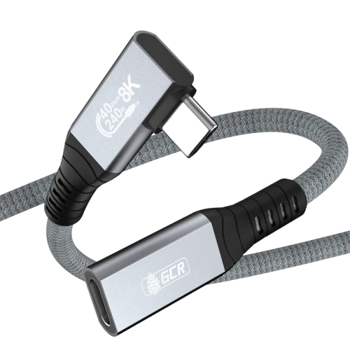 GCR PRO Удлинитель USB4 Type-C, 0.2m, угловой,  40Gbps, 240W, 8K60Hz, M/F, штекер Г-образный боковой, текстиль, серый, GCR-57136