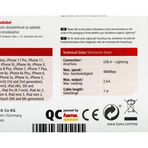 Кабель Hama 00187232 USB (m)-Lightning (m) 1м синий плоский [00187232]
