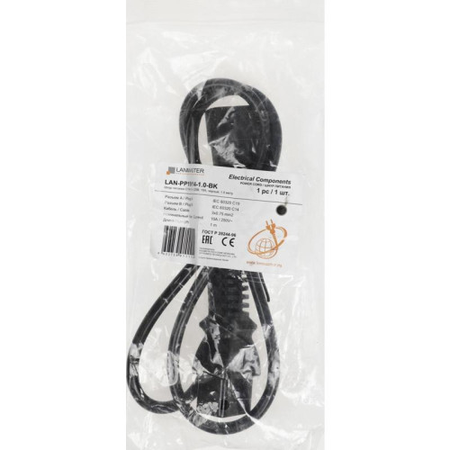 Шнур питания Lanmaster LAN-PP19/14-1.0-BK проводник.:3x0.75мм2 1м 220В 10А черный