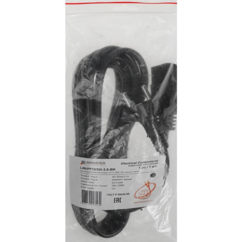Шнур питания Lanmaster LAN-PP19/SH-3.0-BK C19-Schuko проводник.:3x1.5мм2 3м 220В 16А черный