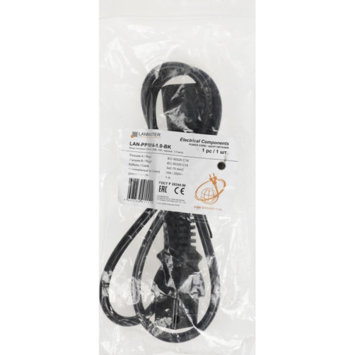 Шнур питания Lanmaster LAN-PP19/14-1.0-BK проводник.:3x0.75мм2 1м 220В 10А черный