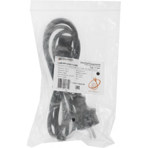 Шнур питания Lanmaster LAN-PP13/SH-1.8-BK C13-Schuko проводник.:3x0.75мм2 1.8м 220В 10А черный Шнур питания Lanmaster LAN-PP13/SH-1.8-BK C13-Schuko проводник.:3x0.75мм2 1.8м 220В 10А черный