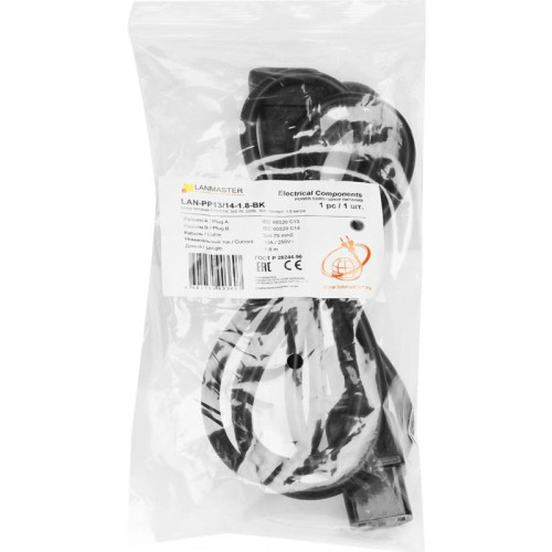 Шнур питания Lanmaster LAN-PP13/14-1.8-BK C13-С14 проводник.:3x0.75мм2 1.8м 220В 10А (упак.:1шт) черный
