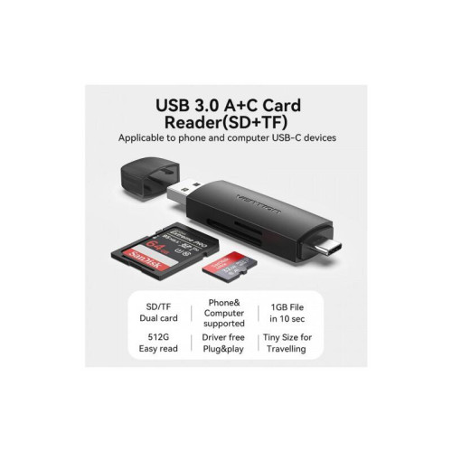 Картридер Vention USB 3.0 A+C (SD+TF) Черный Картридер Vention USB 3.0 A+C (SD+TF) Черный