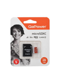 Карта памяти microSD GoPower 16GB Class10 UHS-I (U3) 80 МБ/сек V10 с адаптером
