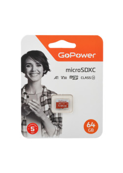Карта памяти microSD GoPower 64GB Class10 UHS-I (U3) 100 МБ/сек V30 без адаптера