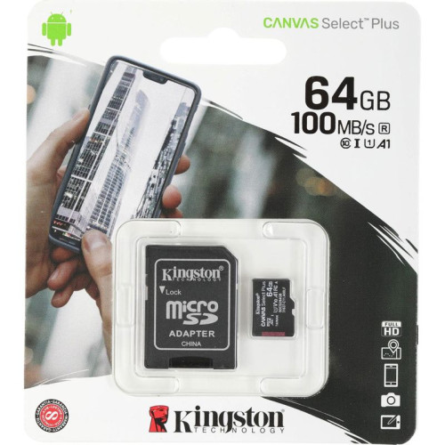 Карта памяти/ Kingston Canvas Select Plus microSDXC 64Gb Class 10 Flash U1 V10  R/W 100/85 MB/s with adapter