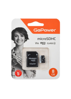 Карта памяти microSD GoPower 8GB Class10 15 МБ/сек V10 с адаптером