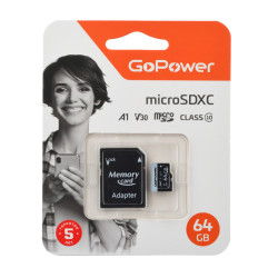 Карта памяти microSD GoPower 64GB Class10 70 МБ/сек V30 с адаптером