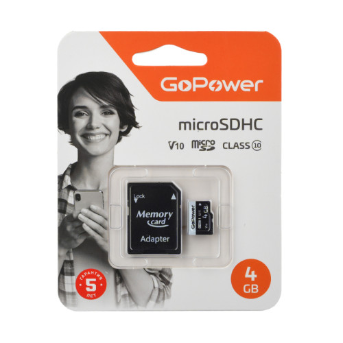 Карта памяти microSD GoPower 4GB Class10 15 МБ/сек V10 с адаптером