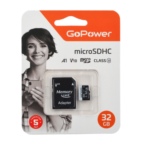 Карта памяти microSD GoPower 32GB Class10 60 МБ/сек V10 с адаптером