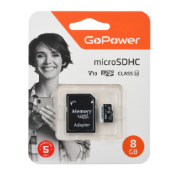 Карта памяти microSD GoPower 8GB Class10 15 МБ/сек V10 с адаптером