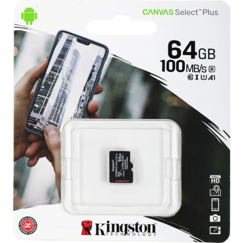 Карта памяти/ Kingston Canvas Select Plus microSDXC 64Gb Class 10 Flash U1 V10  R/W 100/85 MB/s no adapter