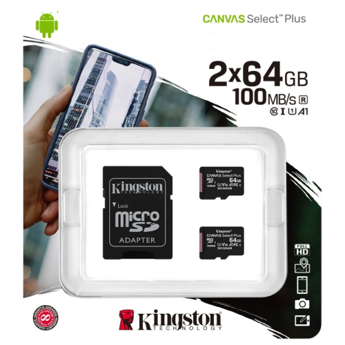 Карта памяти Kingston 64GB  micro SDHC Canvas Plus 100R A1 C10 Two Pack + Single ADP/ Kingston 64GB MicroSD Canvas Select Plus 64GB micro SDHC Canvas Select Plus 100R A1 C10 Two Pack + Single ADP